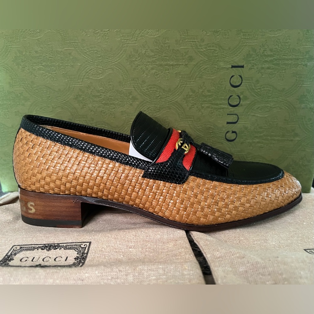🎁SOLD!🚚Gucci Men Palm Springs Raffia and Leather GG Tassel Loafer with Web NWT